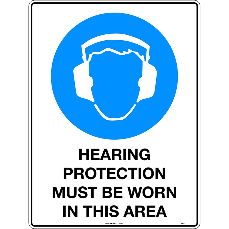 Uniform Safety Signs - 300x225mm - Poly - Hearing Protection Must be Worn in This Area - 102MP