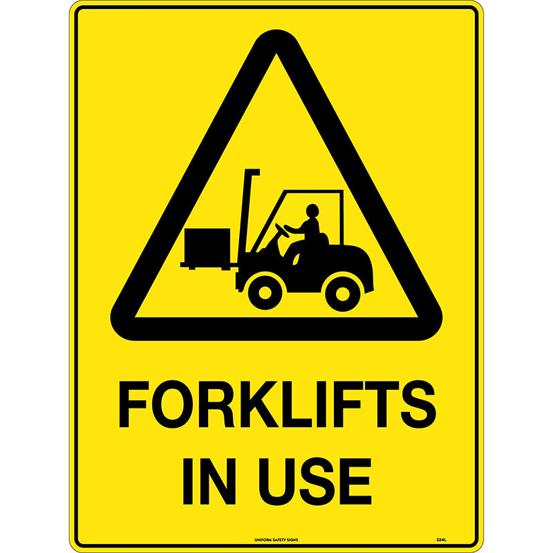 Uniform Safety Signs - 600x450mm - Metal - Caution Forklifts in Use - 324LM