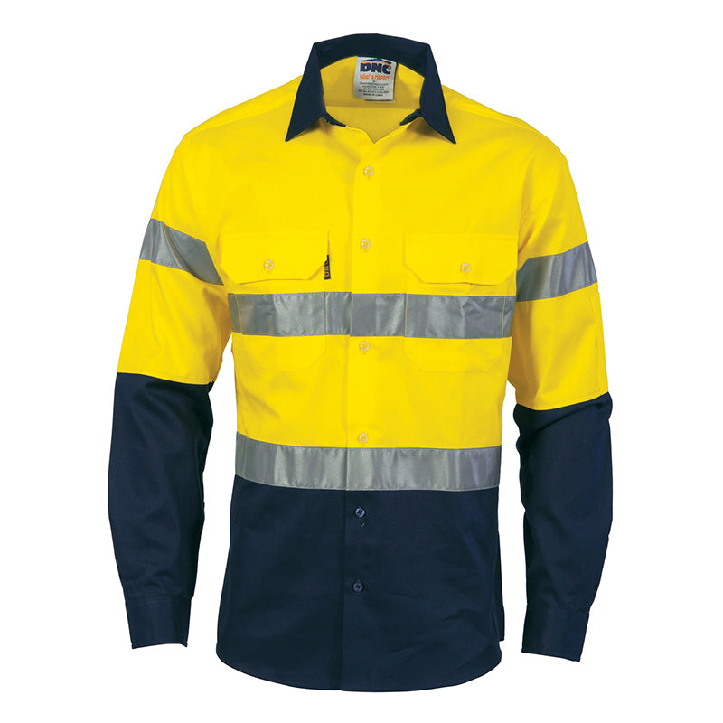 DNC - Hi Vis Taped Lightweight Cool-Breeze Cotton L/S Shirt - Generic Reflective Tape_Yellow/Navy - 3966