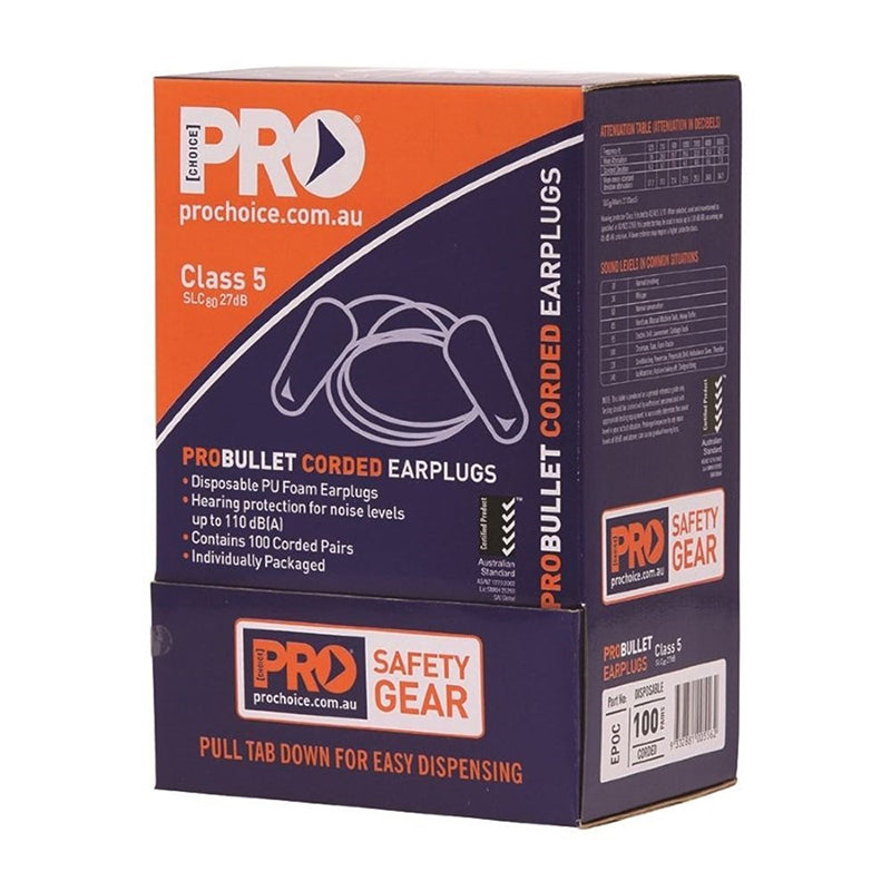 PRO CHOICE - PROBULLET DISPOSABLE CORDED EARPLUGS (100 PAIRS PER BOX) Class 5 - 27dB - EPOC