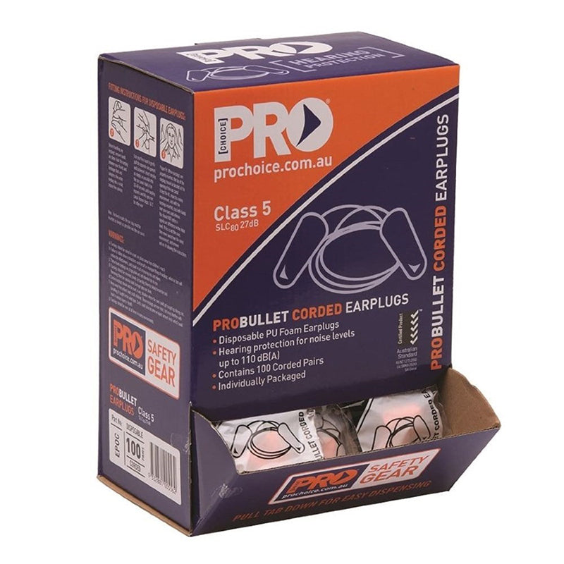 PRO CHOICE - PROBULLET DISPOSABLE CORDED EARPLUGS (100 PAIRS PER BOX) Class 5 - 27dB - EPOC