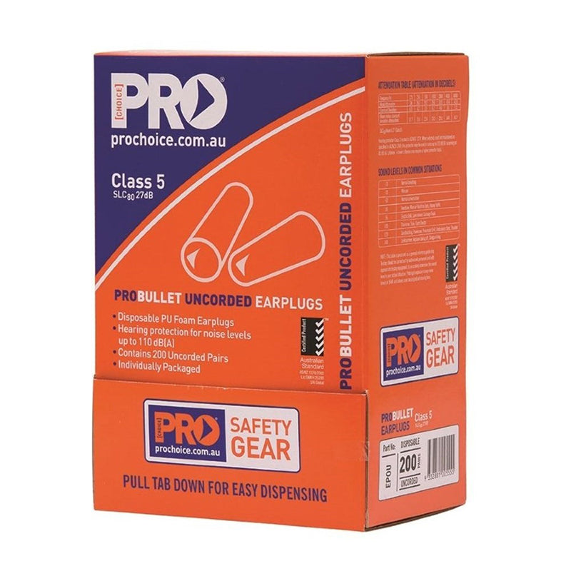 PRO CHOICE - PROBULLET DISPOSABLE UNCORDED EARPLUGS (200 PAIRS PER BOX) Class 5 - 27dB - EPOU