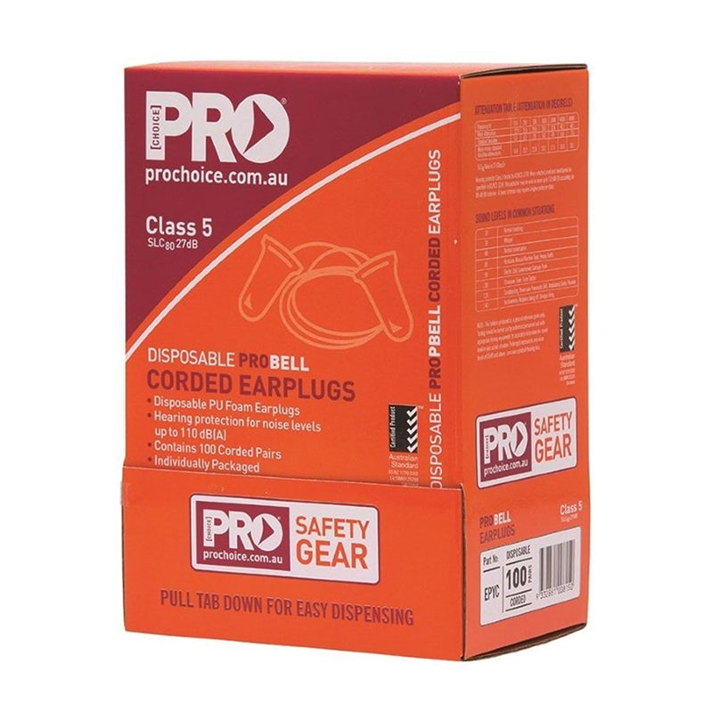 PRO CHOICE - PROBELL DISPOSABLE CORDED EARPLUGS (100 PAIRS PER BOX) Class 5 - 27dB - EPYC