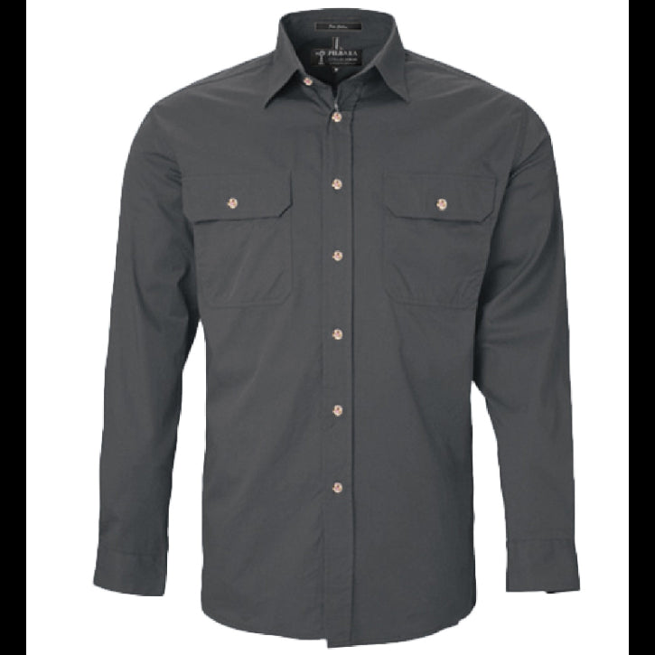 Ritemate - Mens Pilbara Open Front L/S Shirt Charcoal - RM500BT