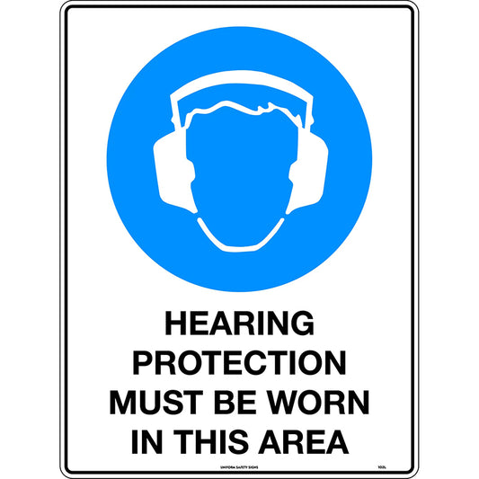 Uniform Safety Signs - 300x225mm - Poly - Hearing Protection Must be Worn in This Area - 102MP