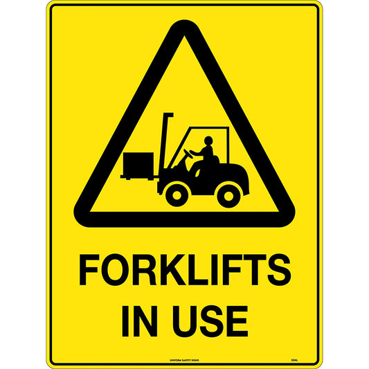 Uniform Safety Signs - 600x450mm - Metal - Caution Forklifts in Use - 324LM