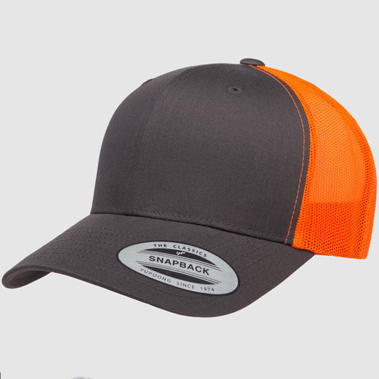 Yupoong Classic Retro Wade Trucker Two Tone - 6 Panel Curved Peak Cap _Charcoal/Neon Orange - 6606T