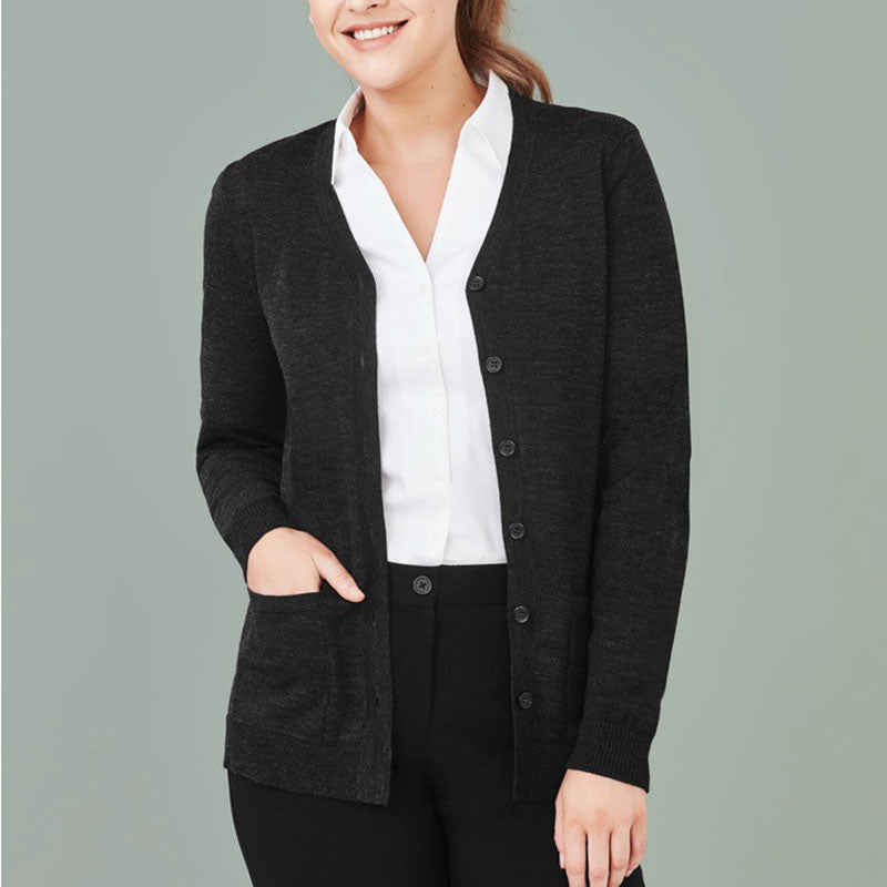 Biz Care - Womens Button Front Cardigan_Charcoal - CK045LC