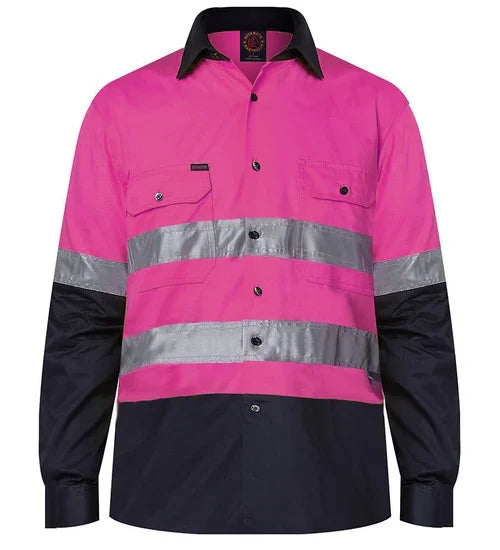 Ritemate - 2 Tone Open Front Shirt L/S 3MTape Pink/Navy - RM1050R