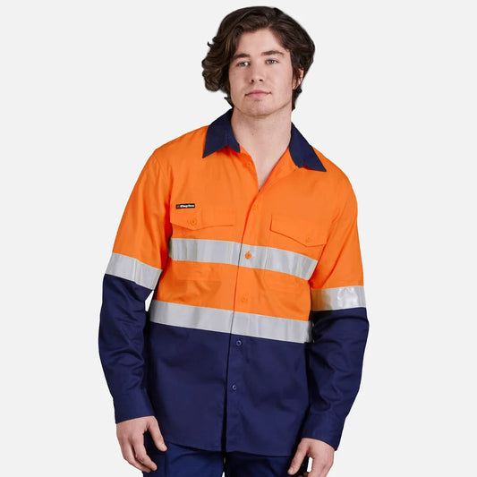 King Gee K54880 L/S Hi Vis SPL Taped Shirt_Orange/Navy - K54880