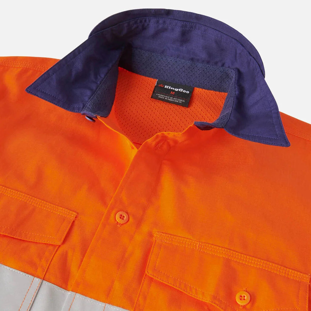 King Gee K54880 L/S Hi Vis SPL Taped Shirt_Orange/Navy - K54880